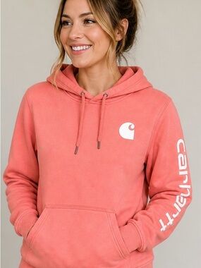 Carhartt Hoodie Women’s M Coral Pink Logo Sleeve Relaxed Fit Sweatshirt